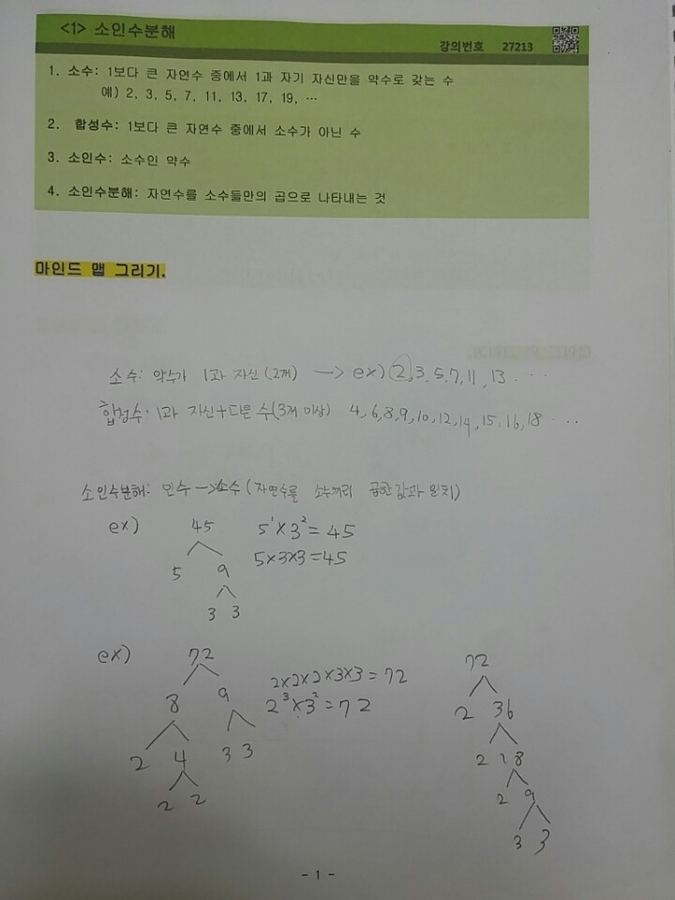 학생이 직접 그린 소인수분해 마인드맵
